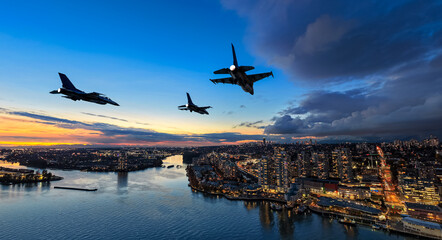 Fighter Jets Soar Over City At Sunset: Dramatic Aerial Scene Over Water And Skyline