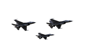 Three Fighter Jets in Formation Against White Sky: Military Aircraft Cutout for Stock Use