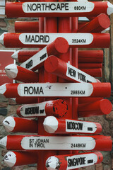 Red International Signpost with Distances to World Cities in a Snowy Winter Setting (Travel Concept)