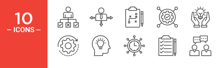 Project management icon set. Project management vector symbol in black filled and outlined style.