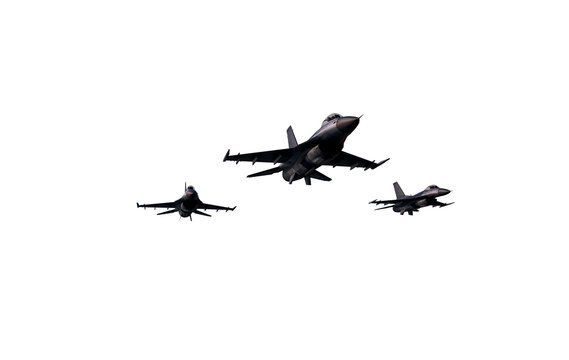 Three Fighter Jets in Formation Against White Sky: Military Aircraft Cutout for Stock Use