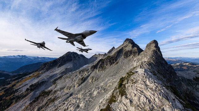 Fighter Jets Over Jagged Alpine Peaks In Dramatic Mountain Range With Clear Sky