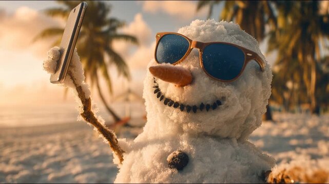 Snowman wearing sunglasses poses for a selfie on a sunny tropical beach, humorously juxtaposing winter with a warm, exotic setting. Palm trees beach atmosphere. Video made using Generative AI.