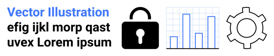 Lock icon for security, bar graph for data analysis, gear for settings. Ideal for cybersecurity, data processing, IT solutions, software development, analytics, business tools simple landing page