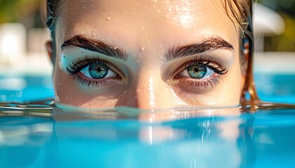 プールの水面から顔の半分を出す白人女性。AIで生成