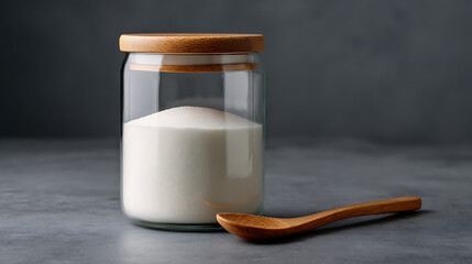 Minimalist clear glass jar with white granulated sugar or salt and a small wooden spoon on a textured grey background