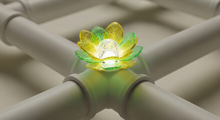 Glowing yellow and green glass lotus flower blooming on white industrial pipes junction