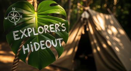Green monstera leaf with white explorer hideout text and compass painted on it hanging near tent in nature