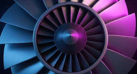 Close-up view of modern jet engine turbine blades with blue and pink neon lighting on dark background