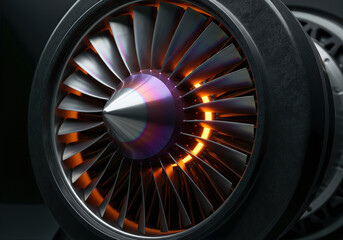 Modern jet engine turbine closeup with glowing orange light and iridescent center cone on dark background