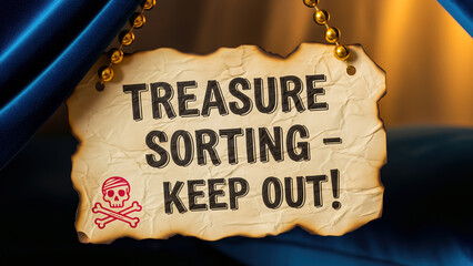 Burnt paper sign with treasure sorting text and skull drawing hanging on gold chain in blue blanket fort
