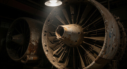 Two massive old rusty jet engine turbines illuminated by warm lamp in dark abandoned industrial hangar
