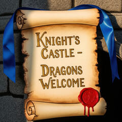 Old parchment scroll with knight castle text and red wax seal hanging on stone wall with blue ribbon