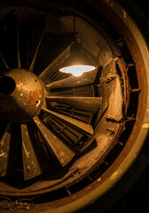 Close up of old rusty industrial fan blades illuminated by hanging warm lamp in dark abandoned factory
