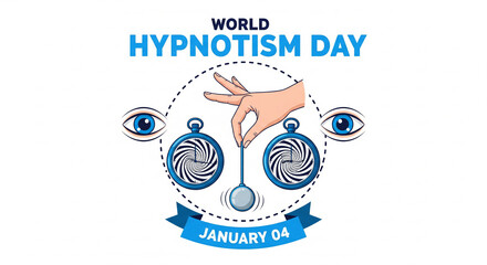 World hypnotism day january 04 celebration graphic with hand and swinging pendulums for mental control and suggestion awareness