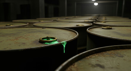Rusty metal barrels with glowing green toxic liquid leaking from cap in dark industrial warehouse