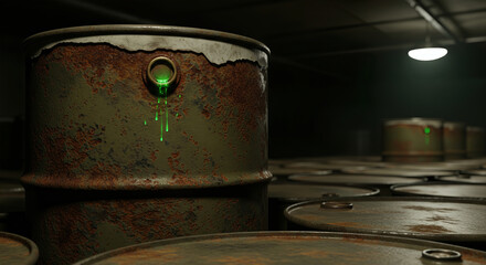 Old rusty metal barrel with glowing green toxic liquid leaking from hole in dark warehouse room