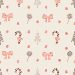 Cute Christmas Holiday Pattern in Light Beige and Pink Pastel Colors, Perfect for Kids and Wrapping Paper