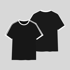 Black t-shirt front and back view with white stripe details on shoulder, isolated on light background