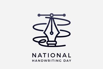 A minimalist line art illustration for National Handwriting Day, featuring an ink pen nib, a design tool icon, and swirling lines.