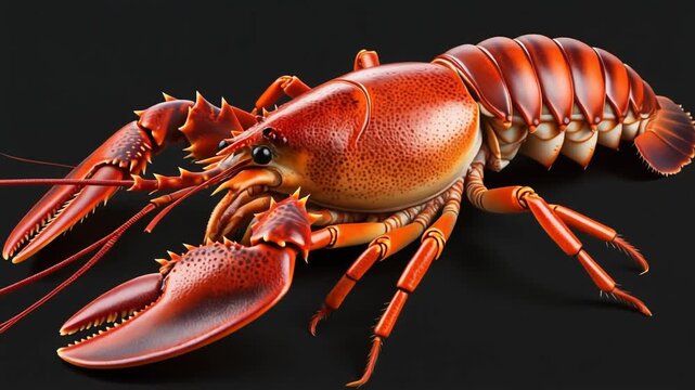 Detailed close-up studio shot of a vibrant red cooked lobster with intricate claws and legs against a solid dark background, showcasing its texture and details