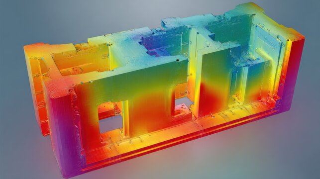 Medium shot capturing temperature gradients across the virtual casting mold in a thermal simulation trial.