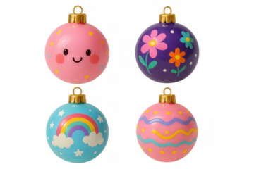 Four colorful kawaii christmas baubles with cute faces, flowers, rainbow, and patterns for holiday decoration, transparent background