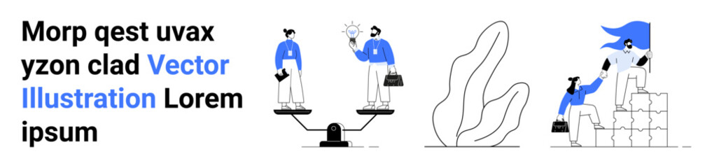 Teamwork, leadership, innovation, equity, business growth, personal development. Businesspeople balancing on scales, holding lightbulbs and assisting others. Teamwork and leadership in professional