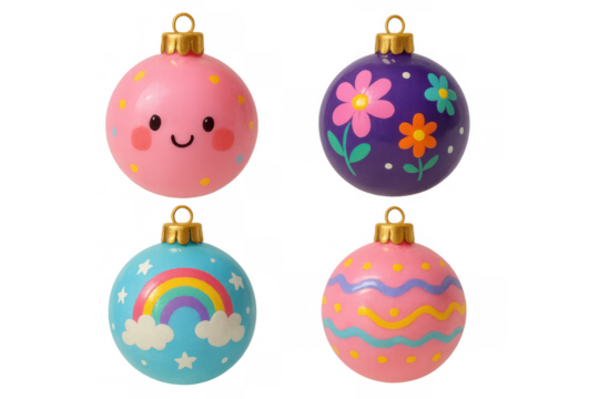 Four colorful kawaii christmas baubles with cute faces, flowers, rainbow, and patterns for holiday decoration, transparent background - Powered by Adobe