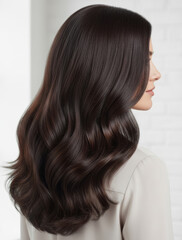 A striking rear view of a woman with beautiful hair dyed a vibrant dark brown color.