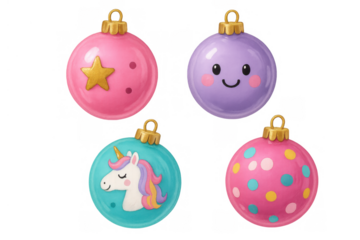 Cute christmas ornaments collection featuring unicorn, star, happy face, and polka dot designs in pastel colors on transparent background