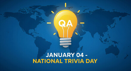 National trivia day january 4th celebration concept with glowing lightbulb showing qa for question and answer over world map background