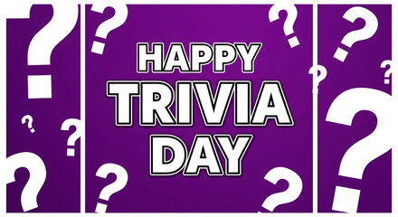 Happy trivia day celebration text on purple background with question marks bordering the edges
