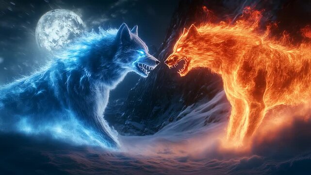 Dynamic Elemental Clash Depicts a Fierce Battle Between Ice and Fire Wolves