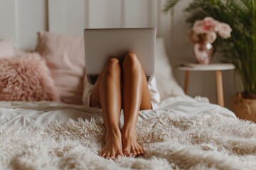 Woman Sitting on Bed with Laptop in Cozy Bedroom Setting