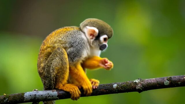 A captivating squirrel monkey perched on a branch in its natural jungle environment