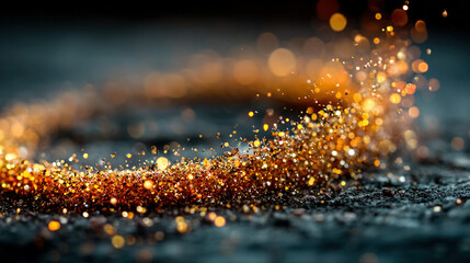 Close-up of glittering gold particles on dark surface, illuminated softly.