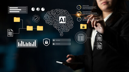 A business professional engages with artificial intelligence technology, illustrating data security and management principles in a modern office setting. Gantry
