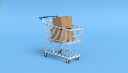 Shopping Cart's Freight: A shopping cart with two cardboard boxes, standing on a light blue background, suggesting the purchase and delivery of items.