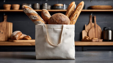 Canvas tote bag filled with an assortment of fresh baked breads and baguettes in a modern kitchen setting, symbolizing healthy food shopping