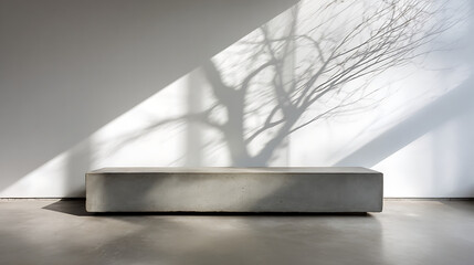 Minimalist concrete bench with strong tree shadows on a white wall and floor, creating a stark outdoor architectural scene