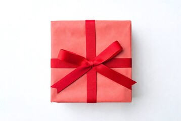 Elegant Gift Wrapped Red Ribbon Present Box: Festive Holiday Celebration Surprise in Creative Photography Composition - Unique Packaging and Attention to Texture