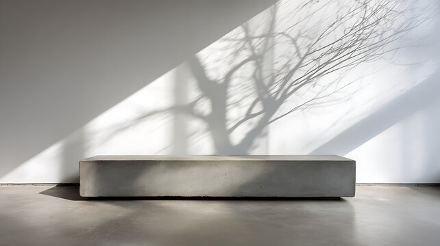 Minimalist concrete bench with strong tree shadows on a white wall and floor, creating a stark outdoor architectural scene