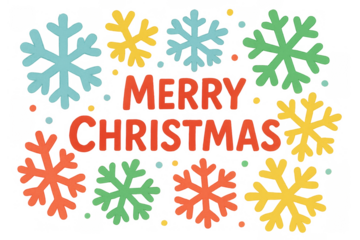 Merry christmas greeting text with colorful snow winter snowflakes and confetti, transparent background for holiday design