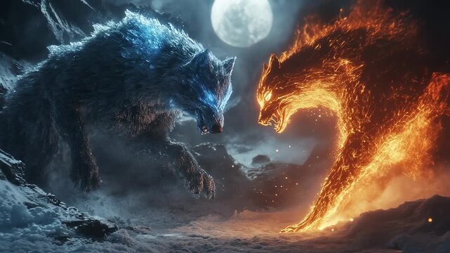 Epic Confrontation: A Breathtaking Clash Between Frost and Ember Wolves Under the Moon