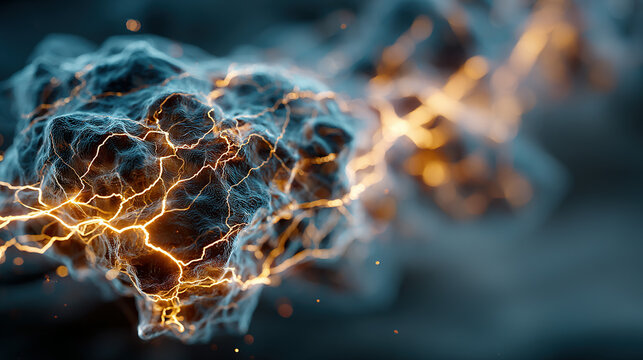 close-up of a lightning bolt striking a cloud, illuminating its dark texture.