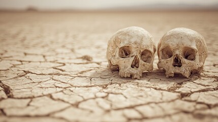 Naklejka premium Skulls Resting on Deeply Cracked Earth Revealing the Harsh Reality of Environmental Decay