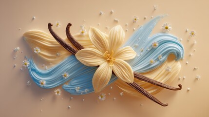 Delicate vanilla bean outline with soft botanical elements