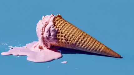 A half eaten ice cream cone spills pink melting dessert onto a solid blue surface,