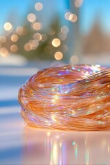 Close-up of iridescent glowing fiber strands with warm bokeh lights